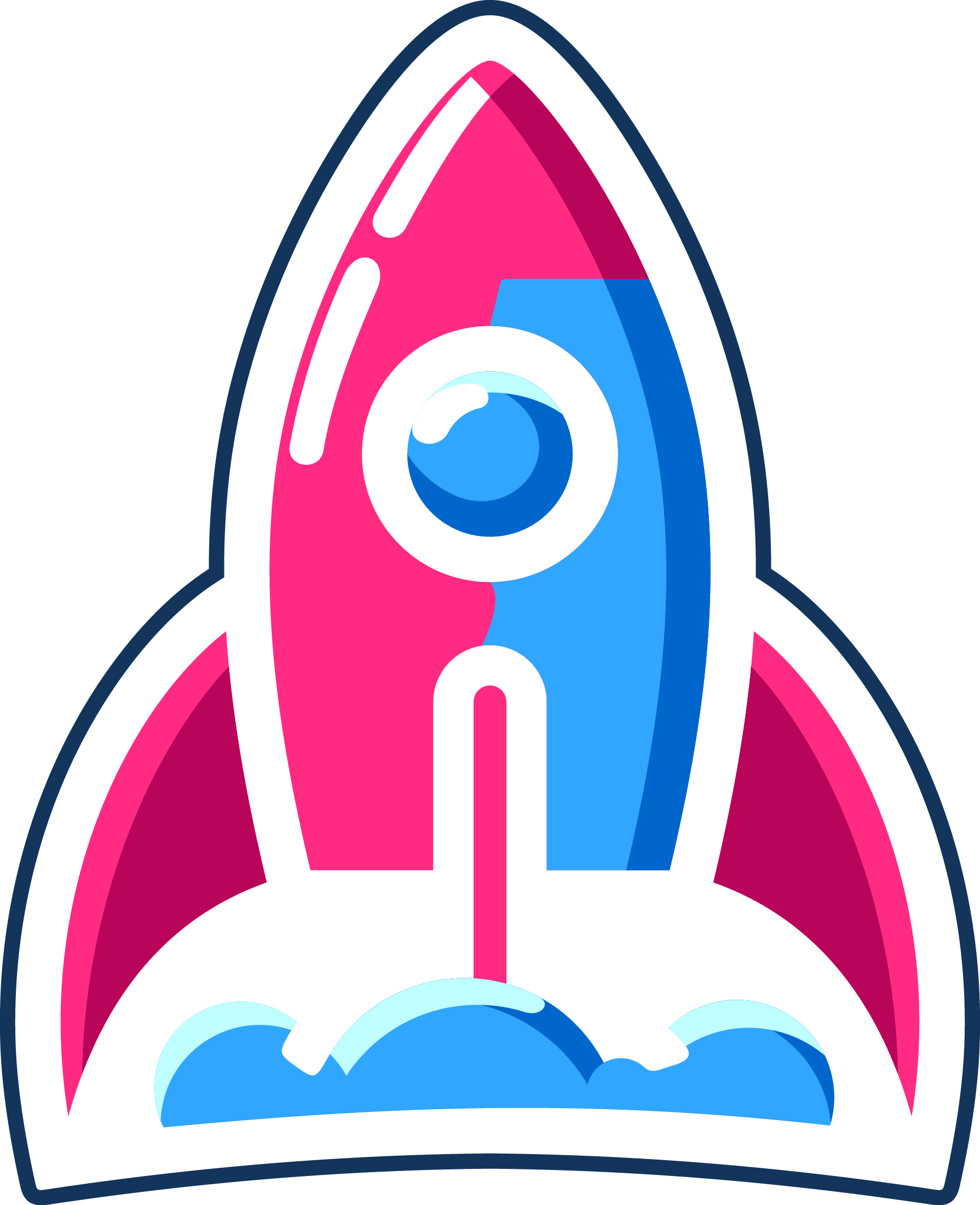 Developer Marketing Stories podcast logo, which is a blue and pink rocket